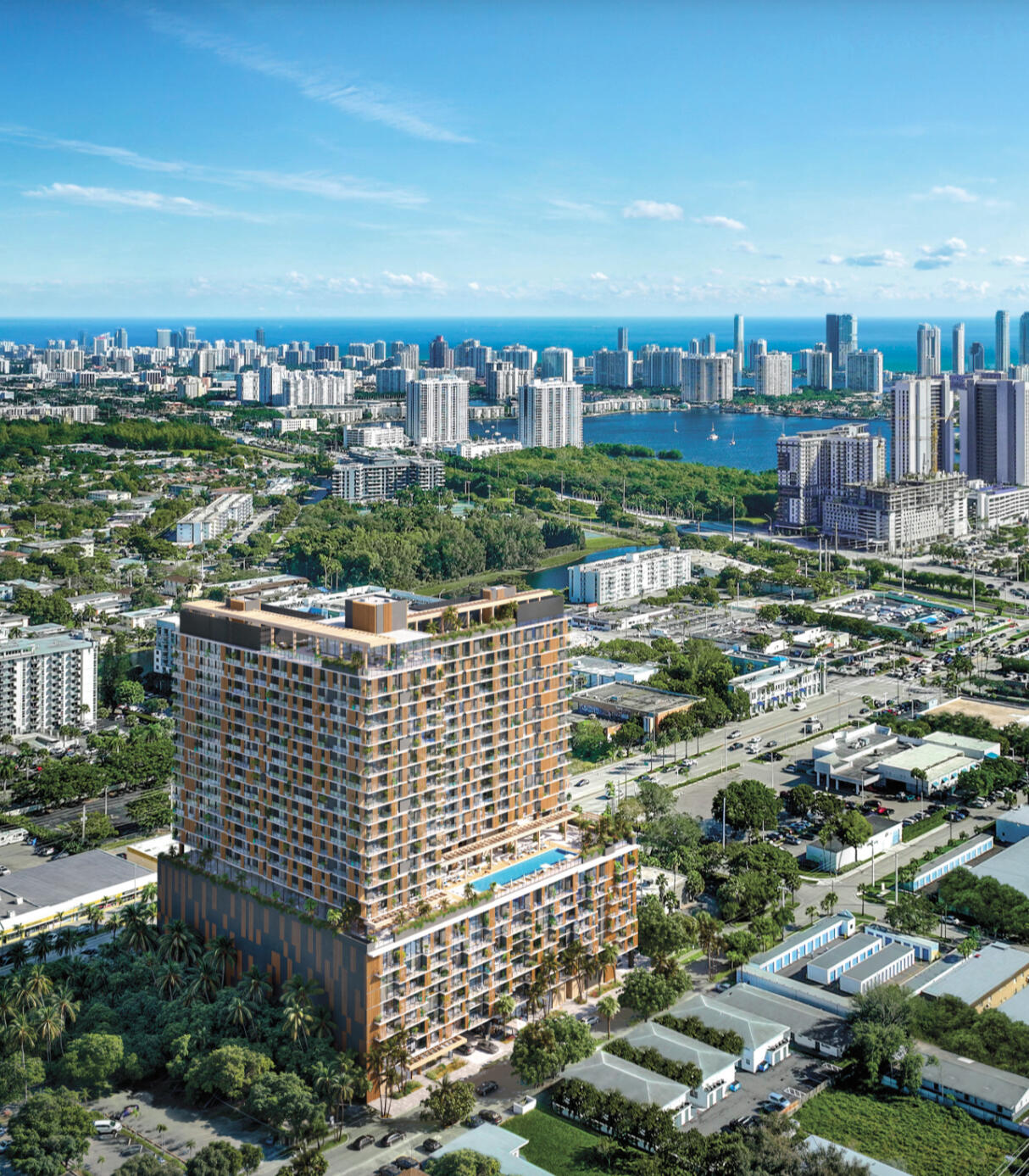 The William Residences | Modern Facade in North Miami Beach Architectural facade of The William, a 26-story residential tower in North Miami Beach featuring contemporary design by Carlos Ott & Behar Font.